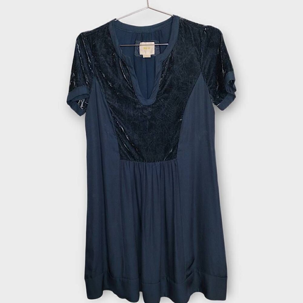 Anthropologie Maeve Dress Sz Medium Blue Velvet Chiffon Elegant Glamcore Holiday